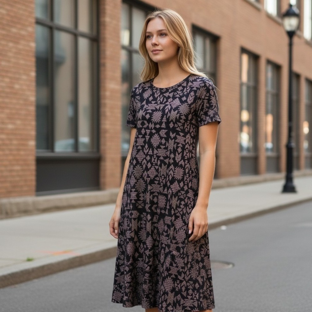 LuLaRoe Amelia Dress Womens M Black Pink Tribal Geometric Stretch A-Line
